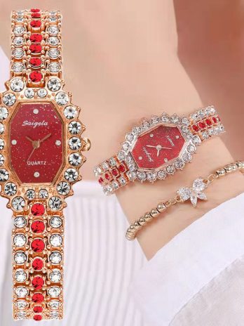 Watches With Bracelet Set Quartz Wristwatch Shiny Stone Red Colour