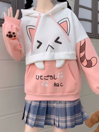 Anime Cotton Hoodies for Girls – Pink+White 🌸